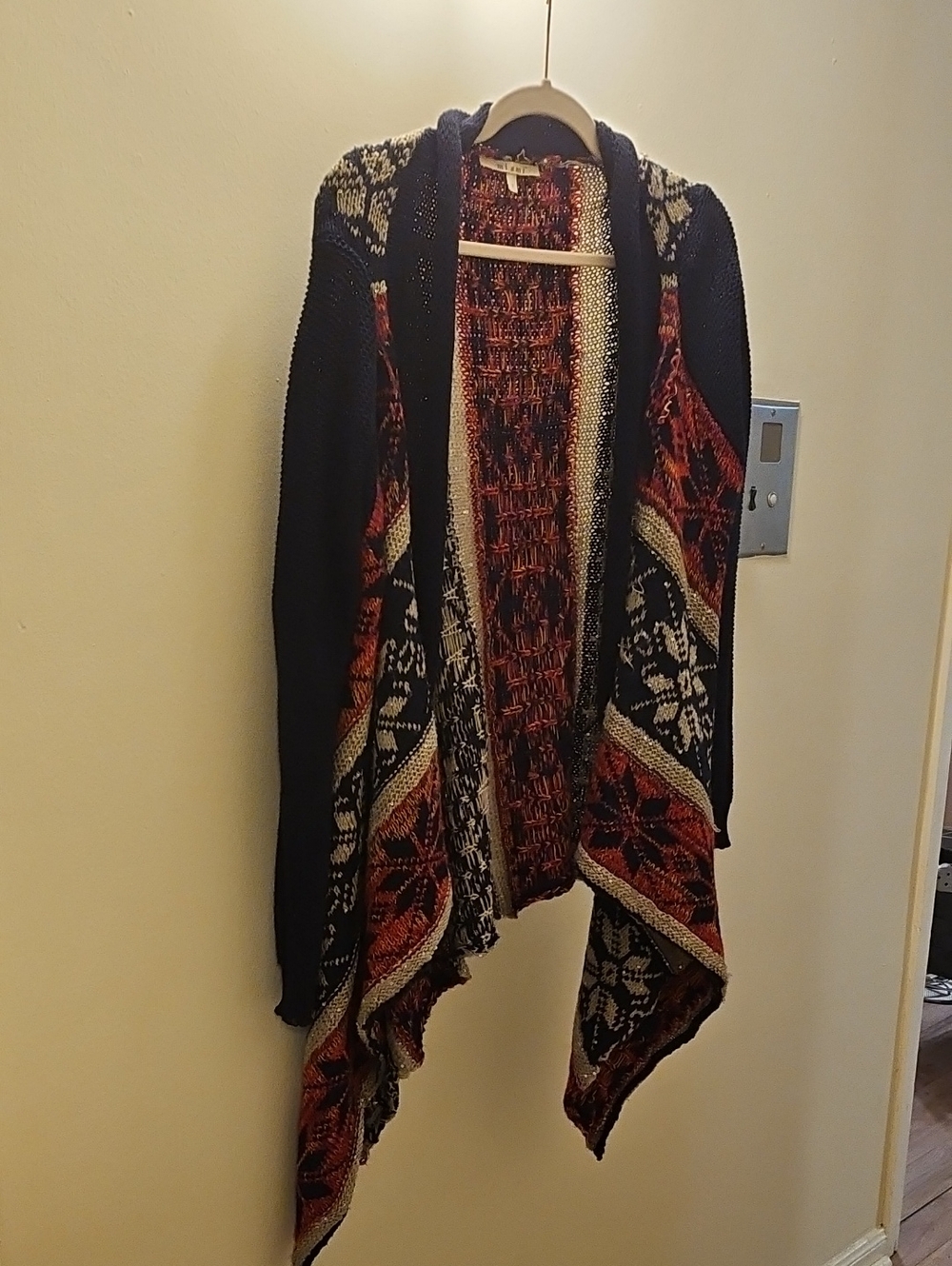 Cozy Navy and Rust Patterned Open-Front Cardigan Sweater
